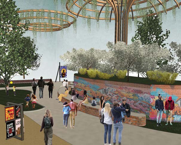 Render of the plaza with a mural wall and stepped seating