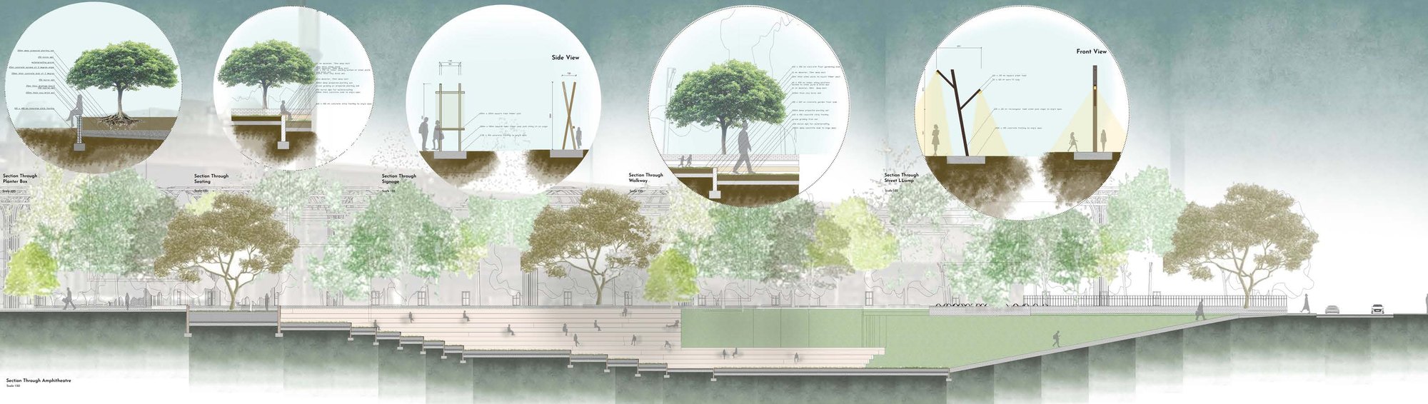 Detail sections through planter, seating, signage, walkway and street lamp, above the amphitheatre section