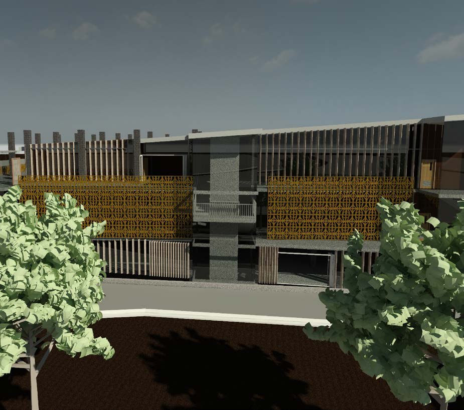 Render of the patterned facade screens between trees